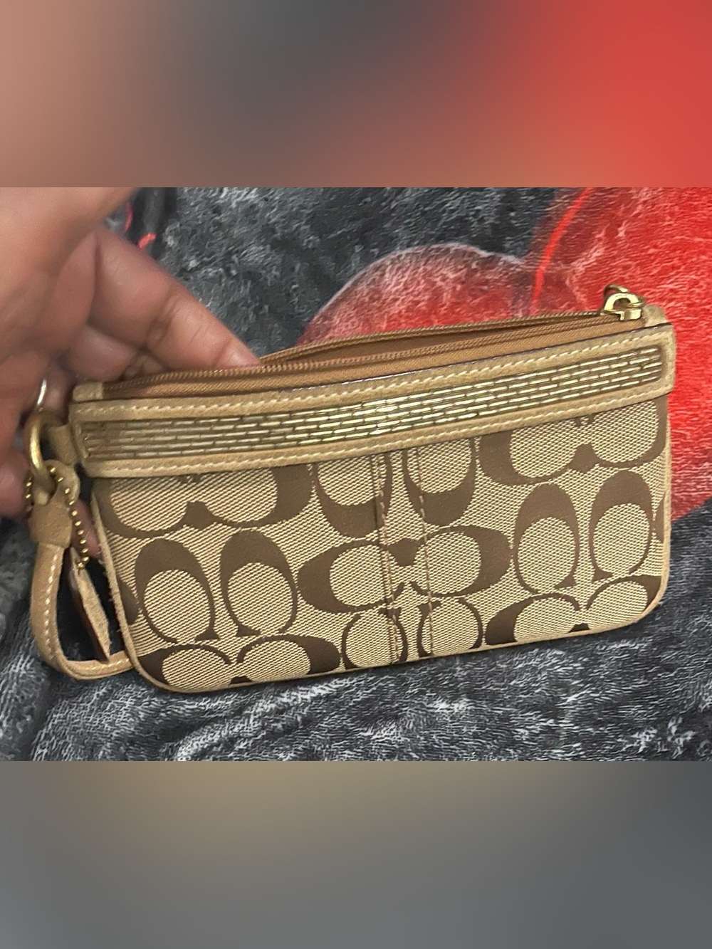 Coach Khaki/Tan Signature Canvas & Suede Wristlet with Gold Accents